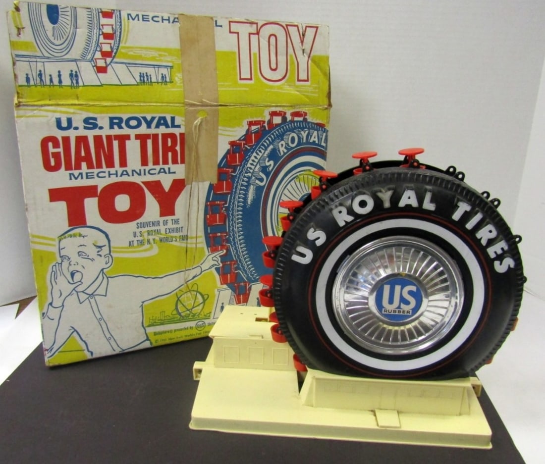 U.S. Royal Giant Tire Ride Toy 1964: N.Y. World's Fair Mechanical Toy Ideal B - ORIGINAL BOX - UNTESTED missing (4) RED BUCKETS