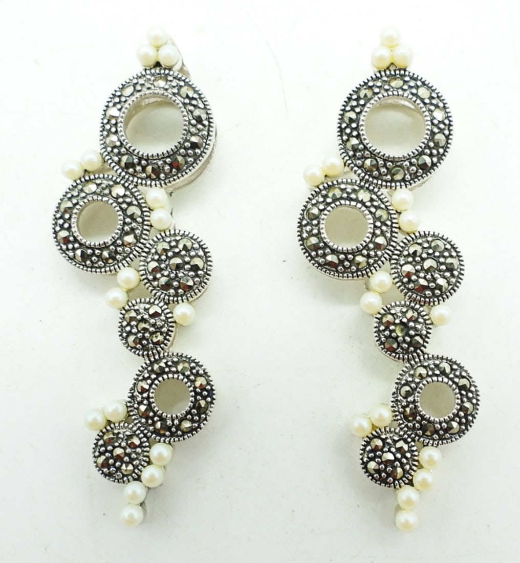 (2) MARCASITE & SEED PEARL PENDENTS: 8.1DWT, 2IN LONG, STAMPED 925 ON BACK