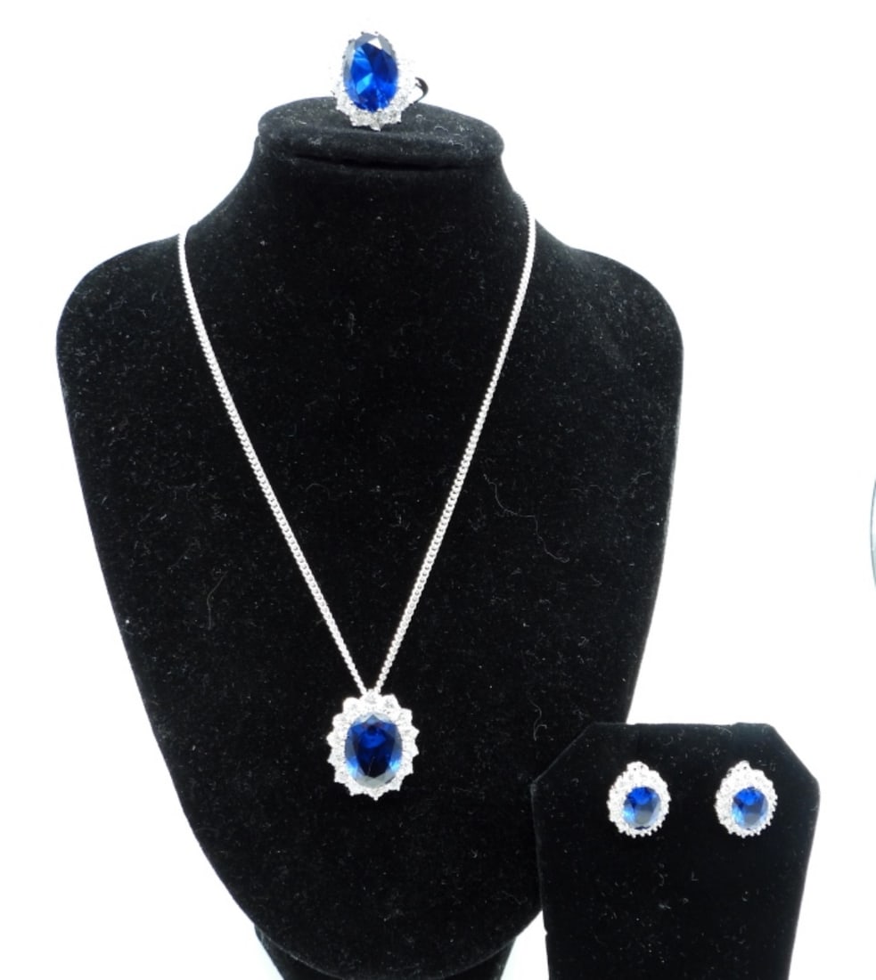 SAPPHIRE STERLING NECKLACE, RING, EARRING SET (1 of 8)