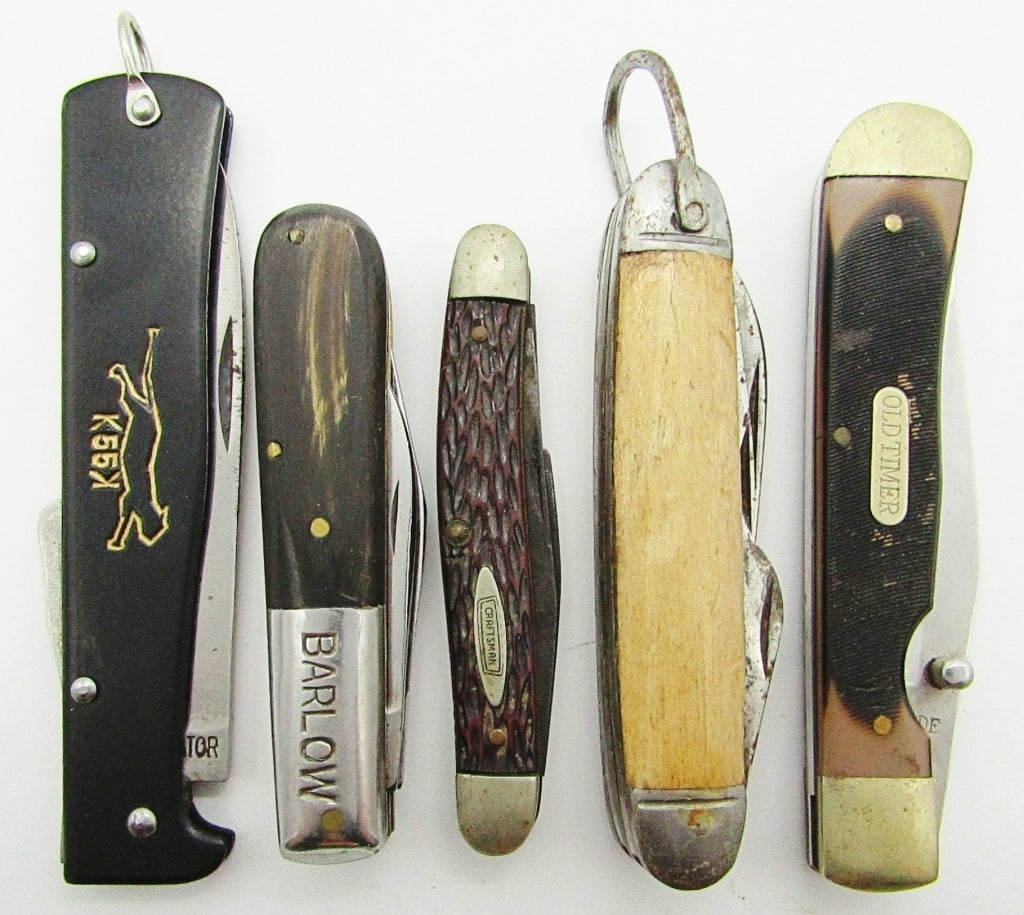 (5) Vintage Folding Pocket Knives: Single Blade Mercator Germany Solingen K55K; 4-Blade Camillus New York USA Electrician's Knife; 2-Blade Barlow; Single Blade Schrade Old Timer 294OT; 3-Blade Craftsman USA; New & Used Conditions.
