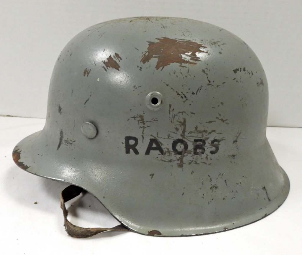 GRAY MILITARY STEEL HELMET "RAOBS": LEATHER LINING shows wear