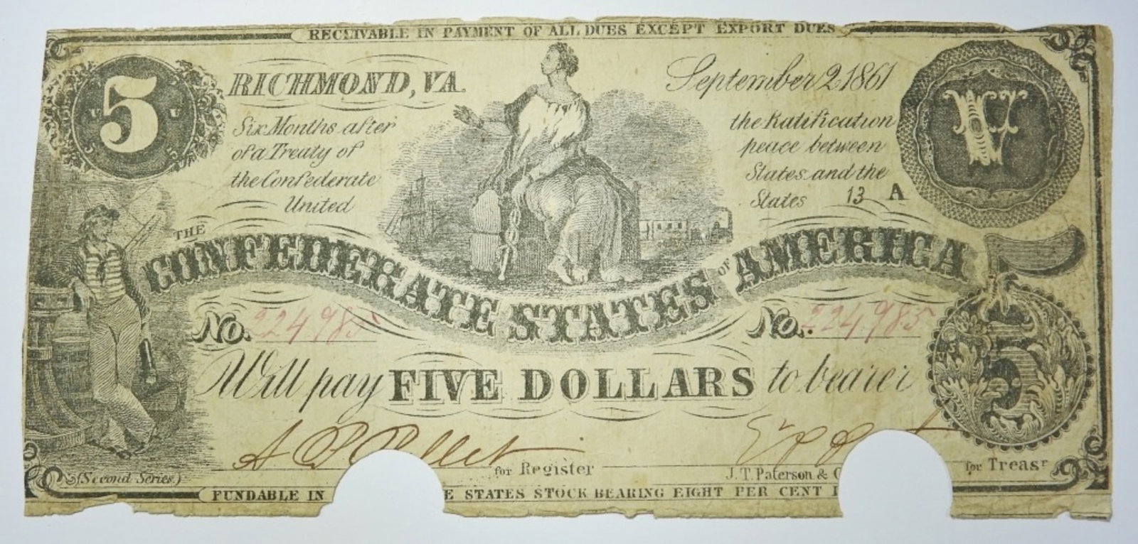1861 $5 CONFEDERATE NOTE (1 of 2)