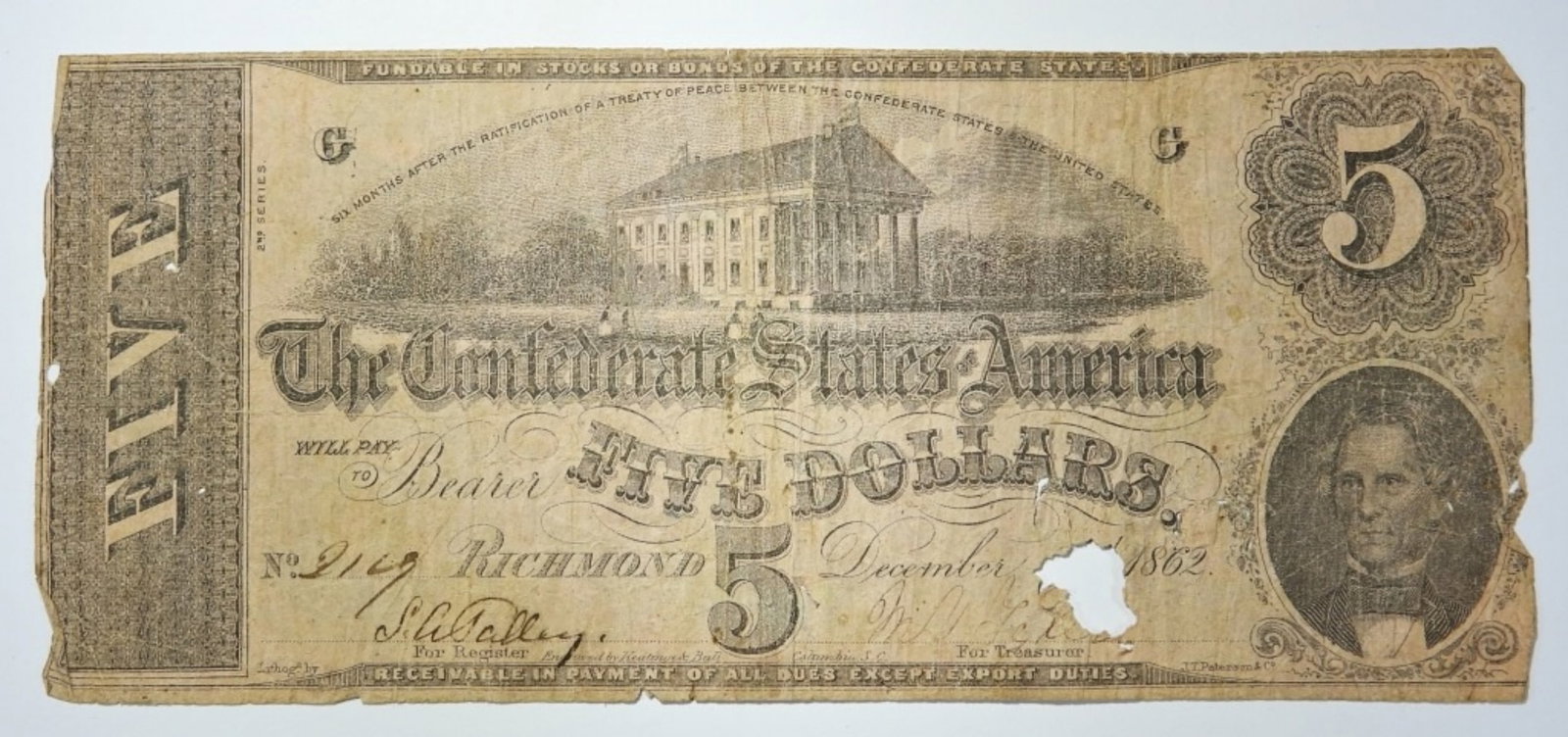 1862 $5 CONFEDERATE NOTE (1 of 2)