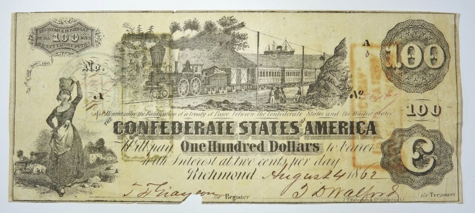 1862 $100 CONFEDERATE NOTE (1 of 2)