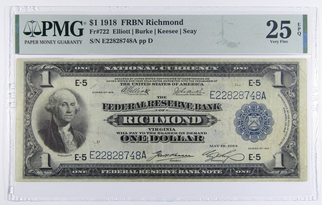 1918 $1 FRBN RICHMOND PMG 25 EPQ: Fr#722 ELLIOT|BURKE|KEESEE|SEAY