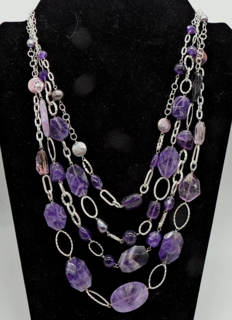 AMETHYST STERLING NECKLACE: 28DWT, 20IN LONG WITH LOBSTER CLASP STAMPED 925 ON CLASP, LAYERED NECKLACE