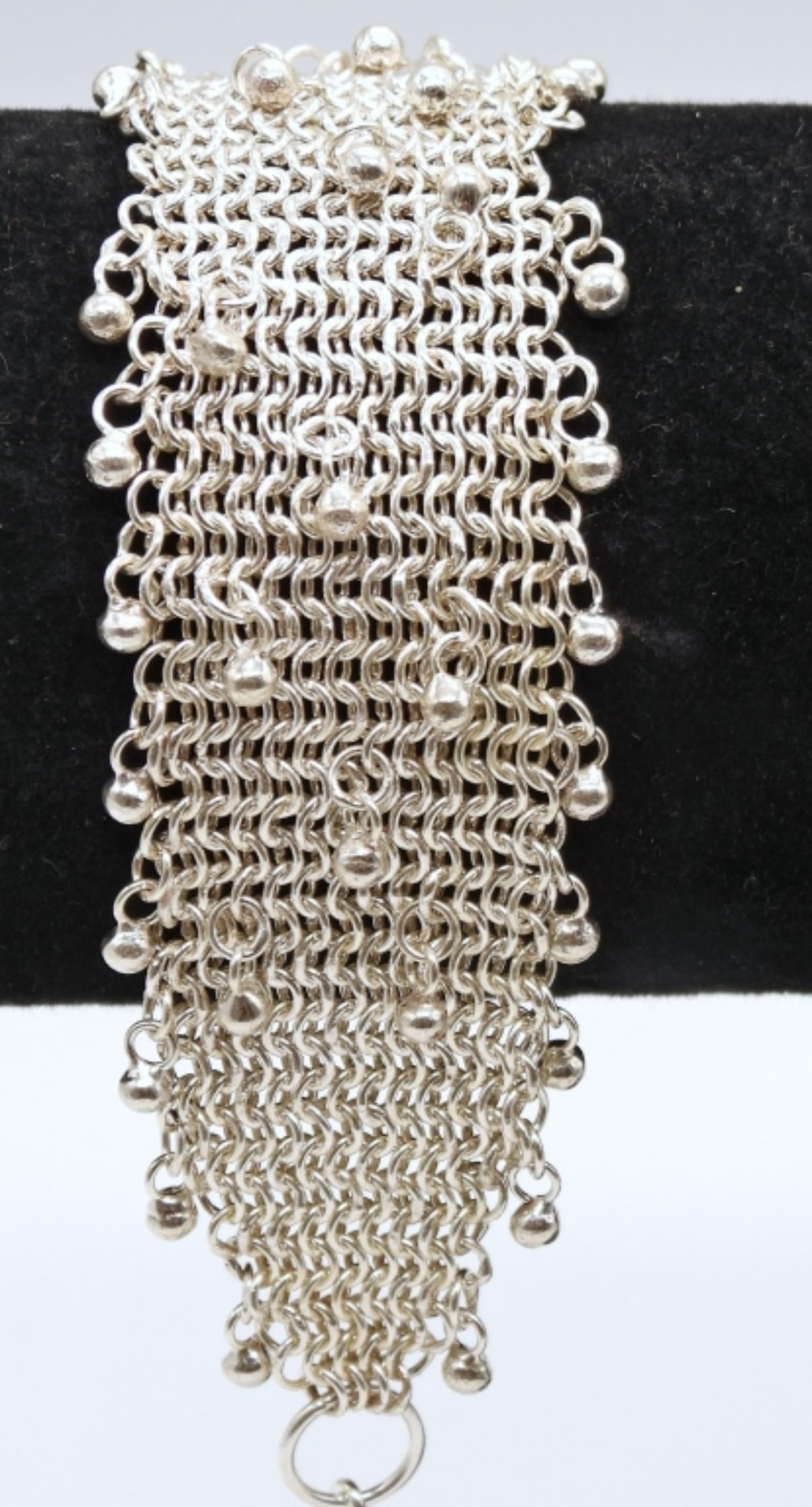 MESH STERLING BRACELET: 21DWT, 7 1/2IN LONG, HOOK CLASP, HAS STERLING MINI BEADS HANGIN OFF MESH