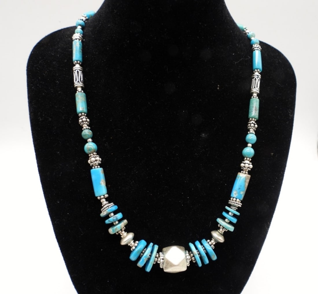 TURQUOISE & STERLING CHOKER: 15DWT, 16 1/2IN LONG, STERLING AND TURQUOISE BEADING ALL ALONG THE CHOKER, TOGGLE CLASP, NO STAMPING FOUND