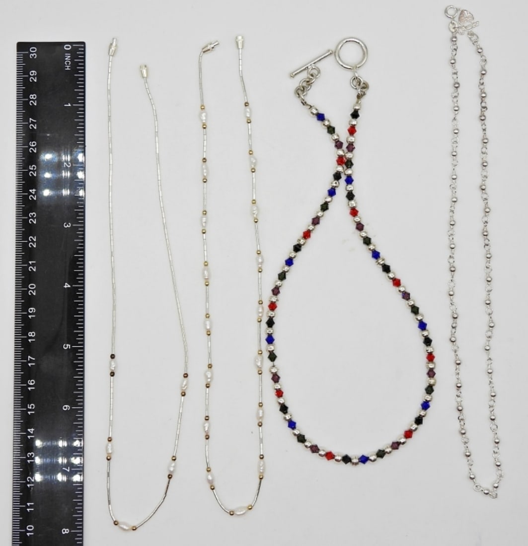 (4) 16 INCH STERLING PEARL BEAD CHOKERS: 31.7 DWT STERLING PEARL & BEADED CHOKERS / MARKED 925