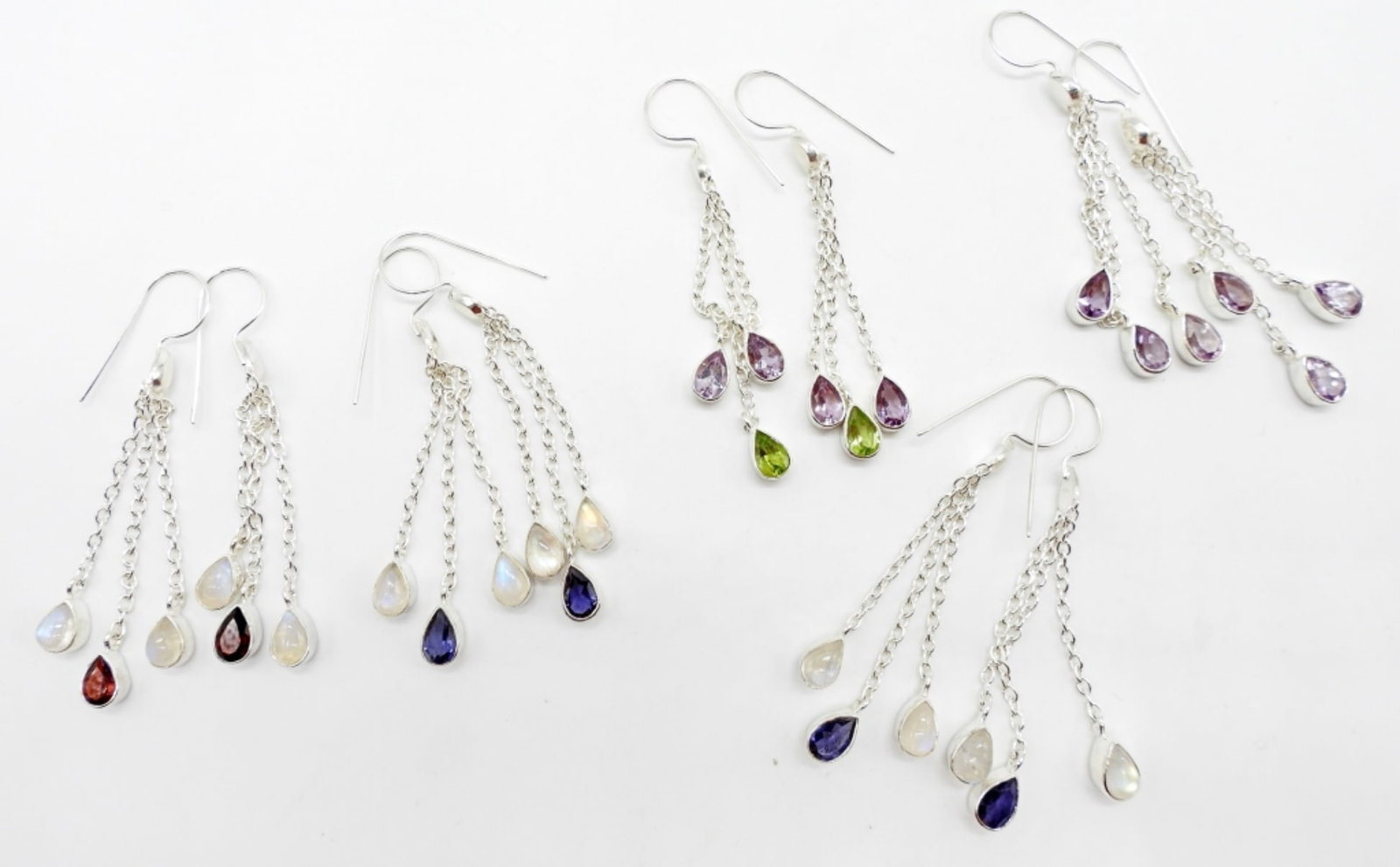 (5) STERLING GEMSTONE DANGLED EARRINGS: 20DWT, ALL STAMPED 925,PURPLE,RED,GREEN,MOONSTONES