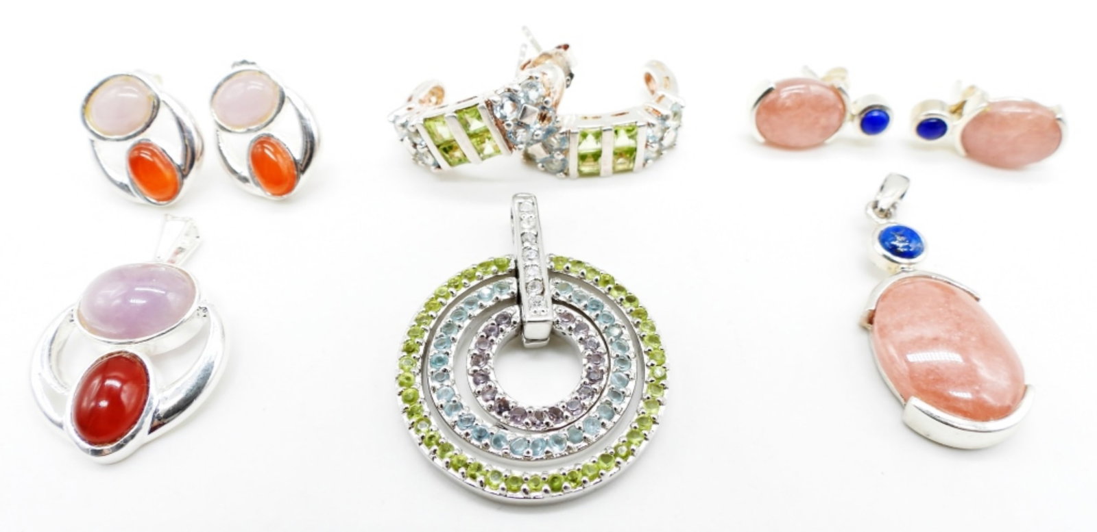 (3) STERLING EARRINGS AND SMALL PENDANT SET: 19.4DWT,PENDANTS ARE LITTLE OVER 1IN LONG, EARRINGS ARE PIERCED STUD STYLE, ALL STAMPED 925
