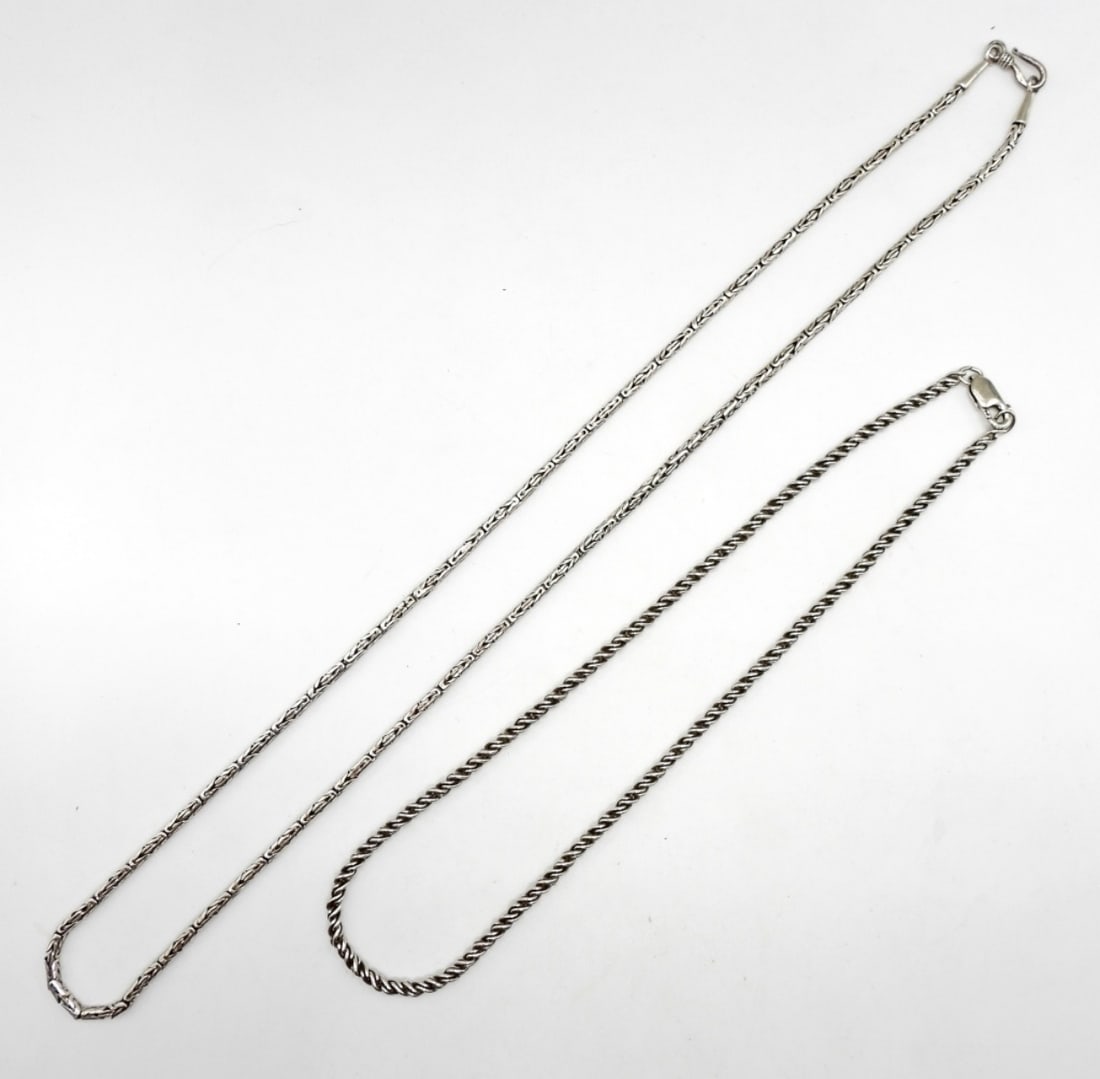 (2) STERLING CHAIN NECKLACES: 26.4DWT, 1-BYZANTINE STYLE 24IN LONG WITH HOOK CLASP STAMPED 925, 1-ROPE STYLE 15IN LONG WITH LOBSTER CLASP STAMPED 925
