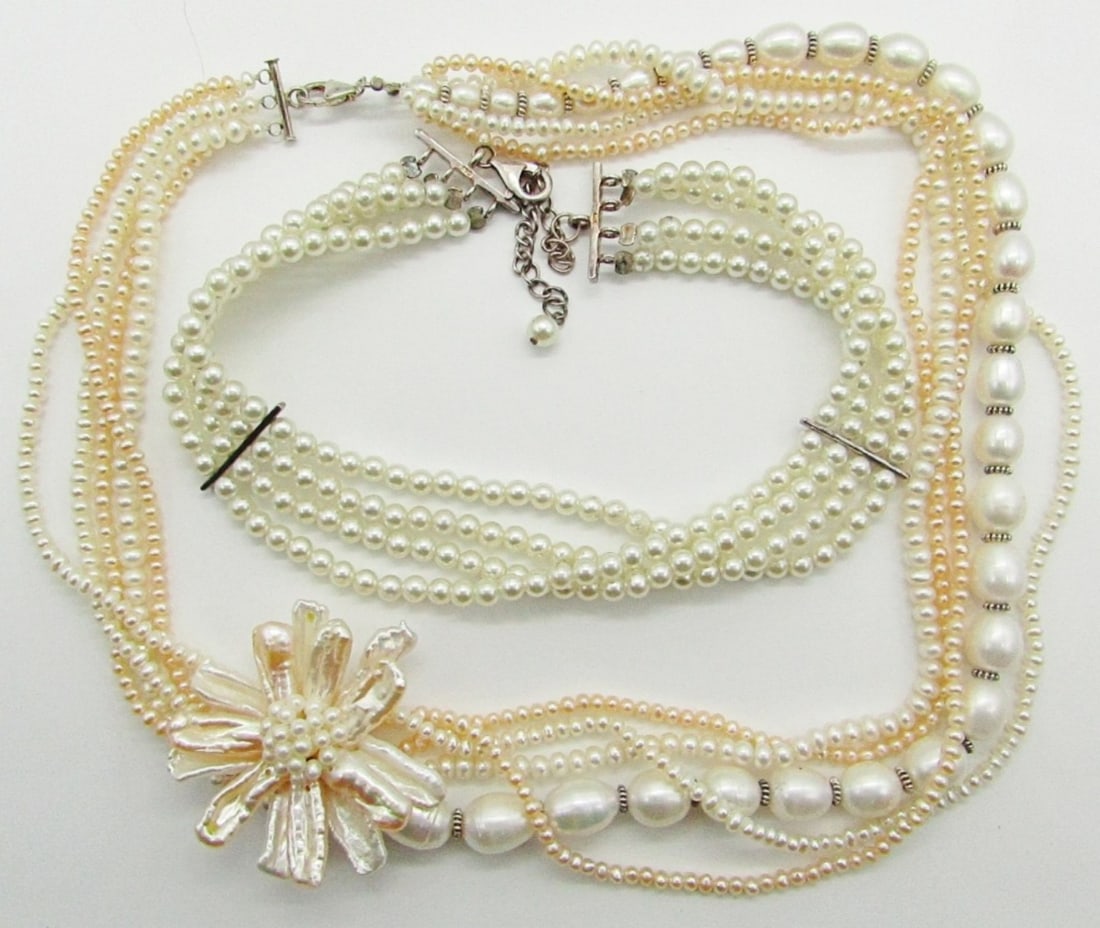 (2) Sterling & Pearl Necklaces: 19.5" Marked 925 Sterling, Pearl, with Large Pearlescent Flower; 11.5" Marked 925 Sterling, Pearl Choker.