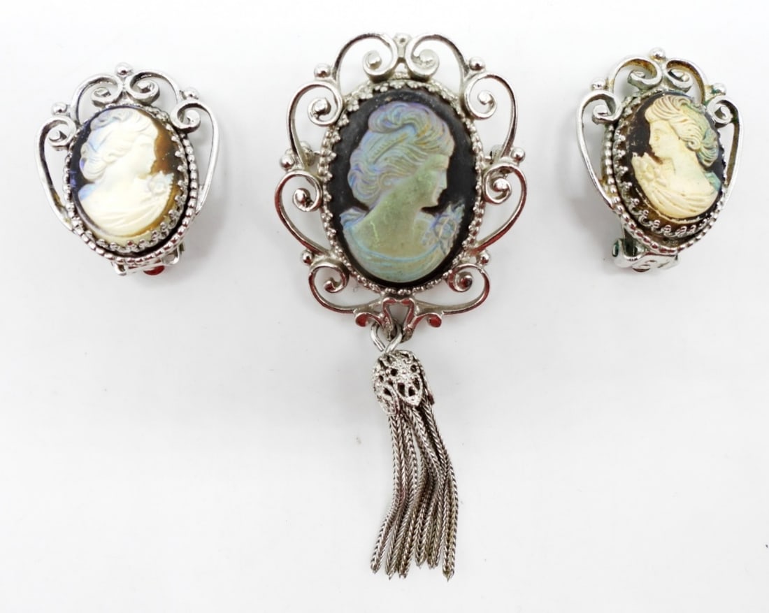 IRIDESCENT CAMEO BROOCH & EARRING SET (1 of 4)