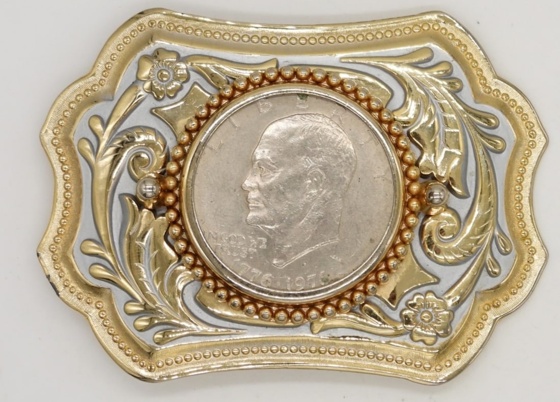 COIN BELT BUCKLE: ABOUT 4IN LONG, GOLD TONE