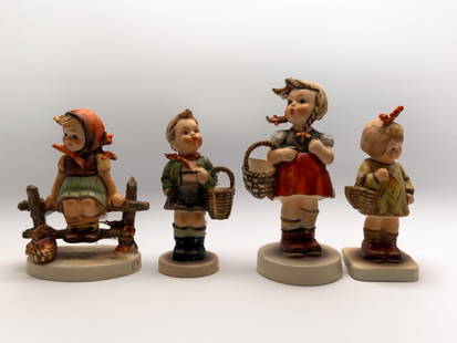 (4) Hummel Cottage Themed Figurines: (1) Goebel Hummel "Just Resting" #112 3/0 1938 3.5". (1) Goebel Hummel "Little Shopper" #96 4.5". (1) Goebel Hummel "I Brought You a Gift" #479 1982 3.5". (1) Goebel Hummel "Village Boy" 51 3/0 3.5"