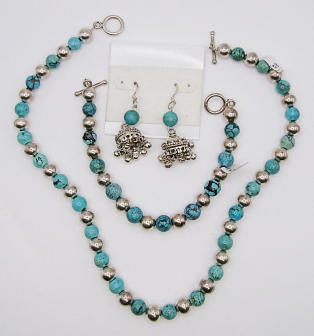 TURQUOISE STERLING NECKLACE, BRACELET, EARRING SET (1 of 2)