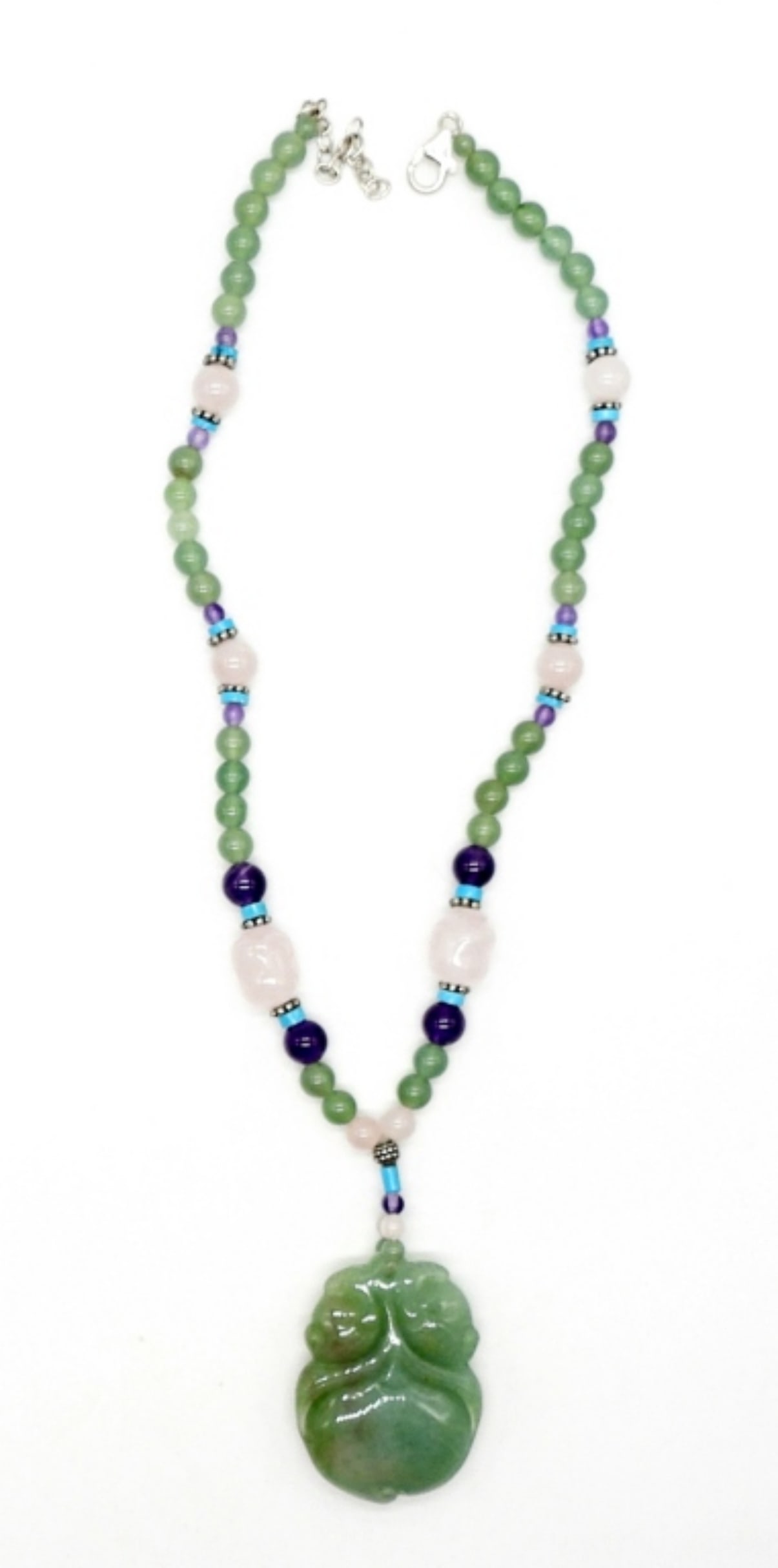 18 INCH STERLING BEADED NECKLACE JADEITE: 18" STERLING (MARKED 925) BEADED NECKLACE, LARGE JADEITE & MULTI COLOR NATURAL STONES