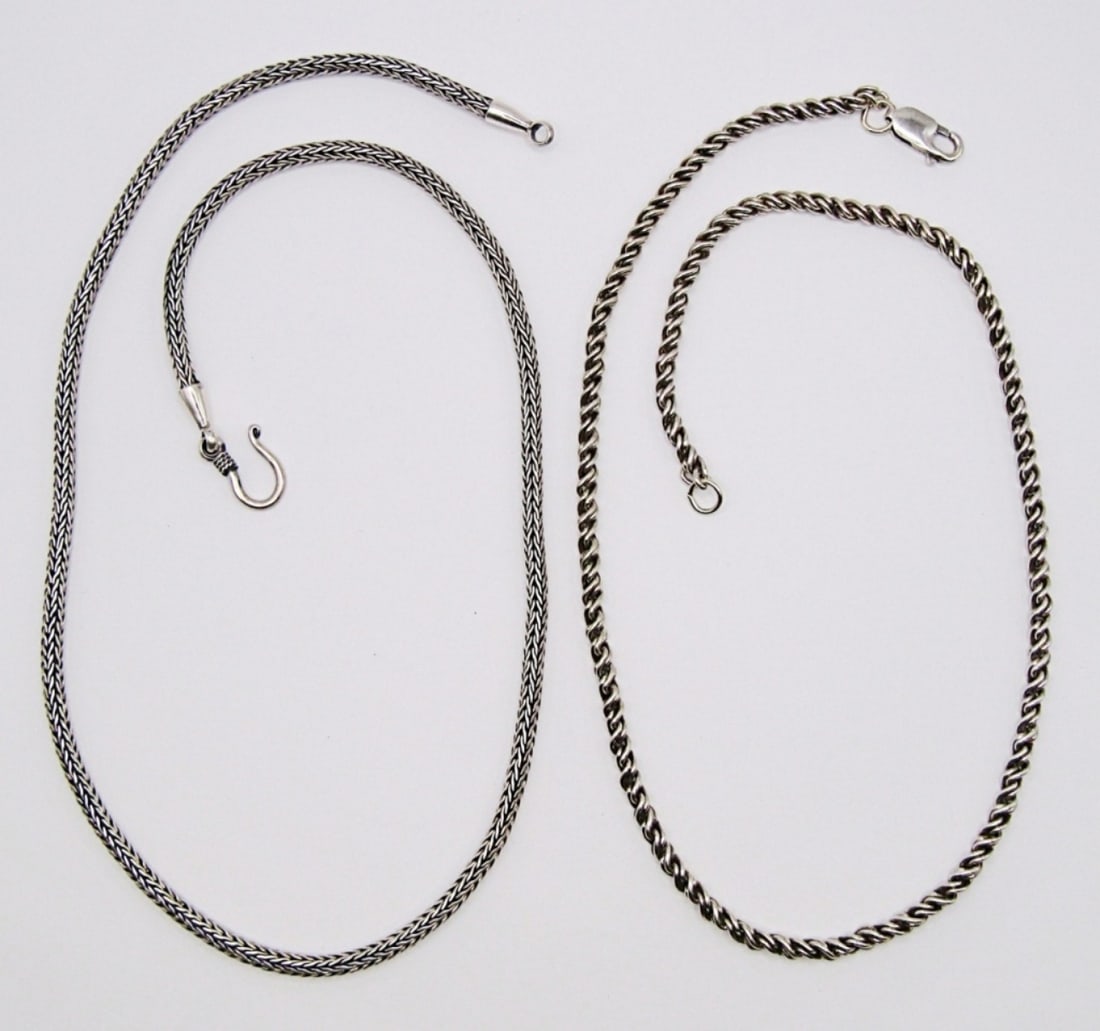 (2) STERLING NECKLACES: 24DWT, 1- 16IN LONG ROPE CHAIN WITH LOBSTER CLASP, 1- 18IN LONG FOXTAIL CHAIN WITH HOOK CLASP, BOTH STAMPED 925