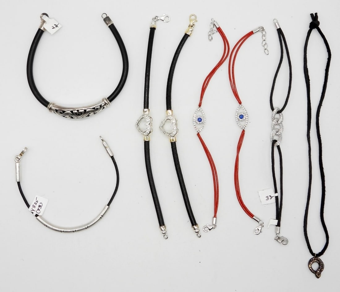 LEATHER STERLING CHOKER & (7) BRACELETS: LEATHER & STERLING SILVER MARCASITE CHOKER - MARKED 925; (7) RED & BLACK LEATHER STERLING SILVER BRACELETS