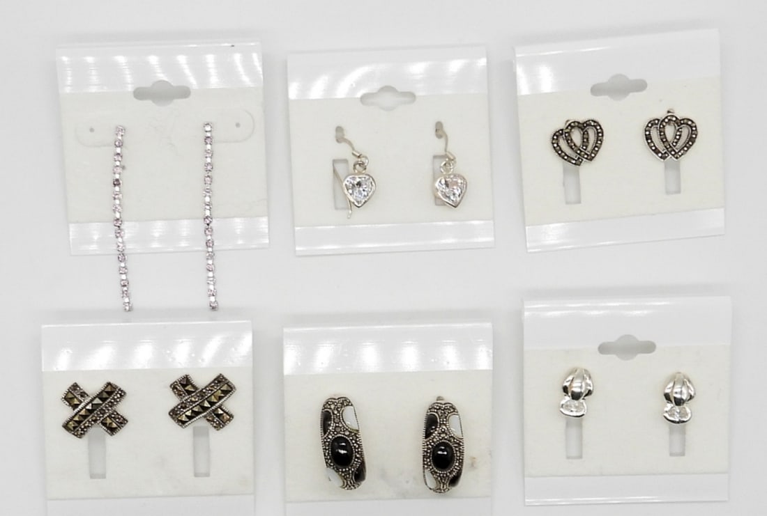 (6) PAIRS STERLING EARRINGS MARKED 925: STERLING, MARCASITE, ONYX, GEMSTONES & NATURAL STONES; 13 DWT; ALL MARKED 925