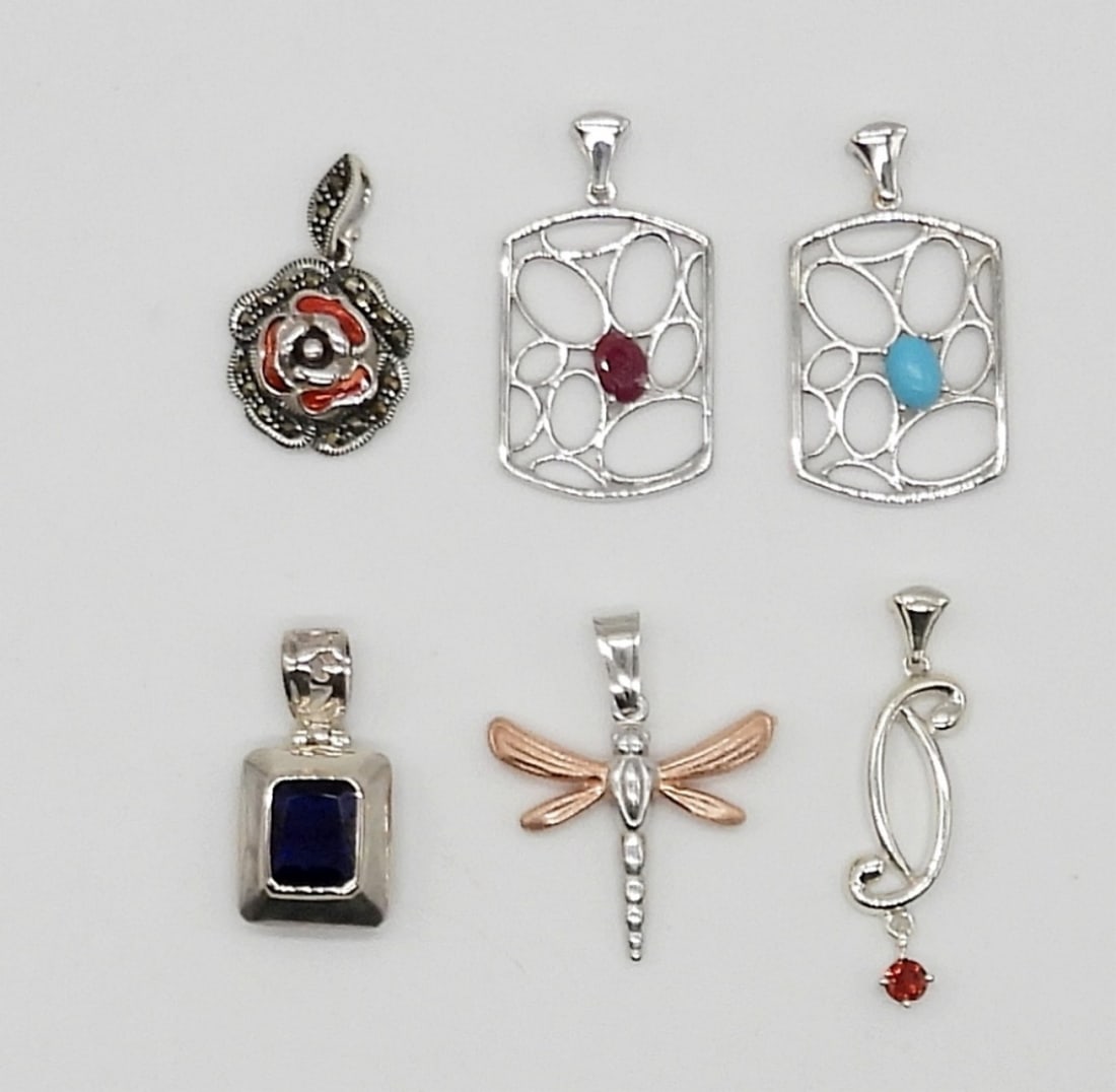 (6) STERLING & GEM PENDANTS - MARCASITE: STERLING SILVER PENDANTS WITH NATURAL STONES, GEMS & MARCASITE - 15 DWT - (4) MARKED 925)