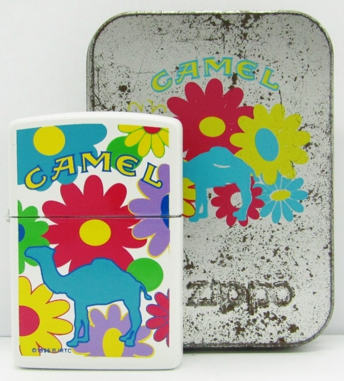 1995 Joe Camel Flower Power Zippo Lighter in Tin: Matte White Finish in Original Tin; Used Condition.