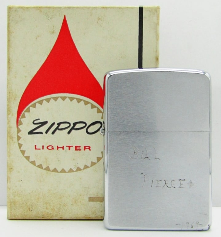 1969 Unfired No. 200 Brush Finish Zippo Lighter: "Bill Pierce 1969" Etched on Lighter Front; Unfired Zippo Lighter In Original Box.