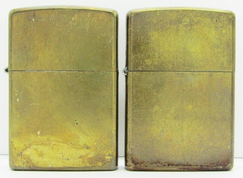 2002 & 2015 Brass Zippo Lighters: 2002 Unfired Zippo Lighter; 2015 Lightly Fired Zippo Lighter; Both Brass Finish.