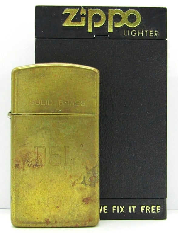 1986 Solid Brass Slim Zippo Lighter: "DSL" on Front; Used Condition.