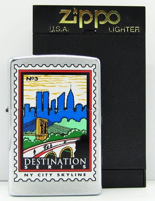 2000 Destination Series No.3 Zippo Lighter: NY City Skyline Stamp; Used Condition.