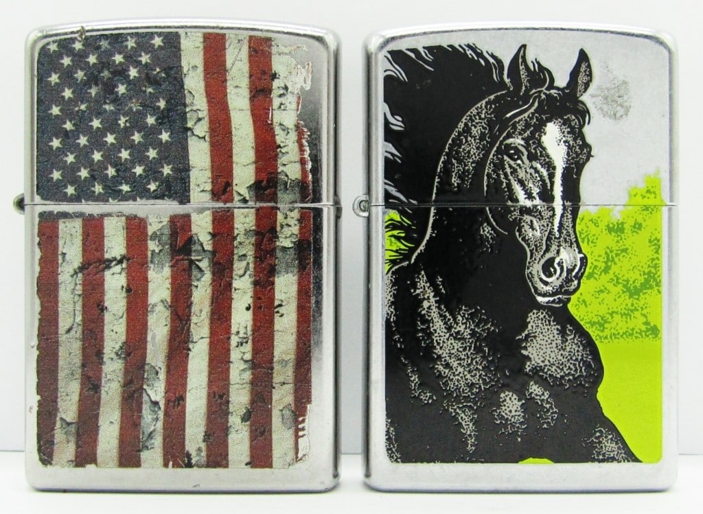 2008 & 2015 Street Chrome Finish Zippo Lighters: 2008 Unfired Black Horse Stallion; 2015 American USA Flag (Used Condition).
