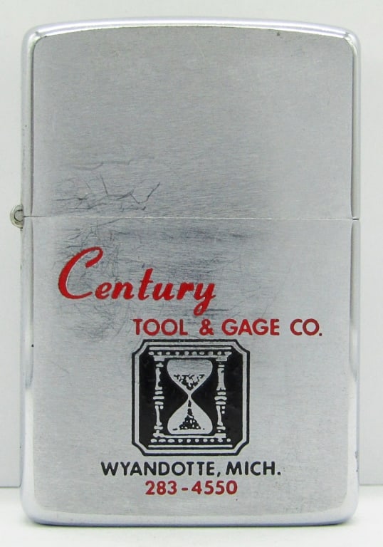 1967 Pat. 2517191 Advertising Zippo Lighter: "Century Tool & Gage CO. Wyandotte, Mich. 283-4550"; Used Condition.