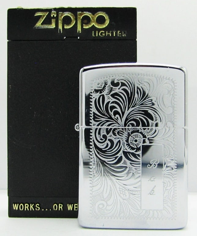 1989 Unfired Venetian High Polish Chrome Zippo: "Bob" Etched on Front; Unfired Zippo Lighter.
