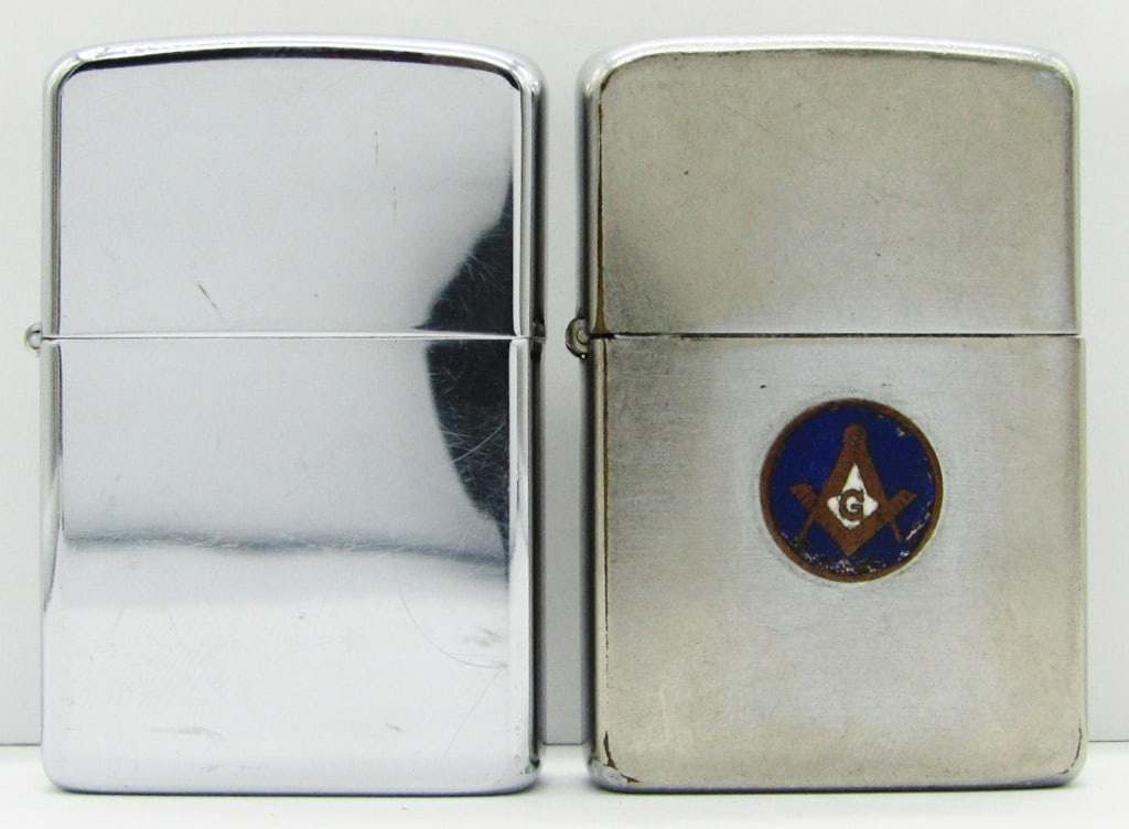 (2) 1958 Pat. 2517191 Zippo Lighters: Masonic/Freemason Emblem; Both Used Conditions.