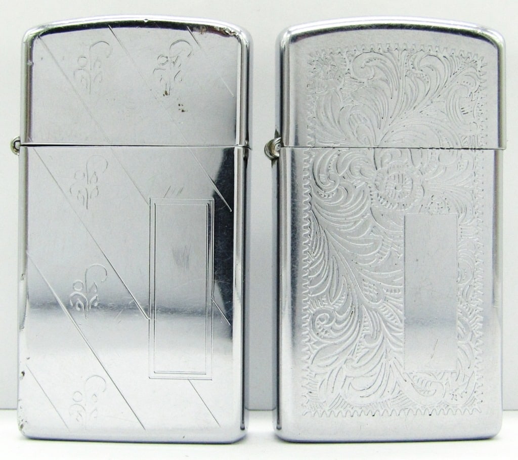 1976 & 1978 Slim Zippo Lighters: 1976 Slim Venetian; 1978 Slim Diagonal Retro; Both Used Conditions