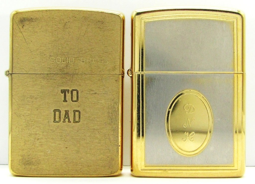 1985 & 1993 Brass Zippo Lighters: 1985 Solid Brass "To Dad" on Front, "Love Tammy" on Back; 1993 "DNH" on Front, "World's Greatest Dad" on Back; Both Used Conditions.