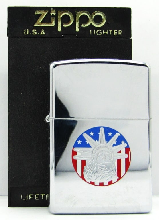 1998 Statue of Liberty American Flag Zippo: Lightly Fired Zippo Lighter in Original Case.