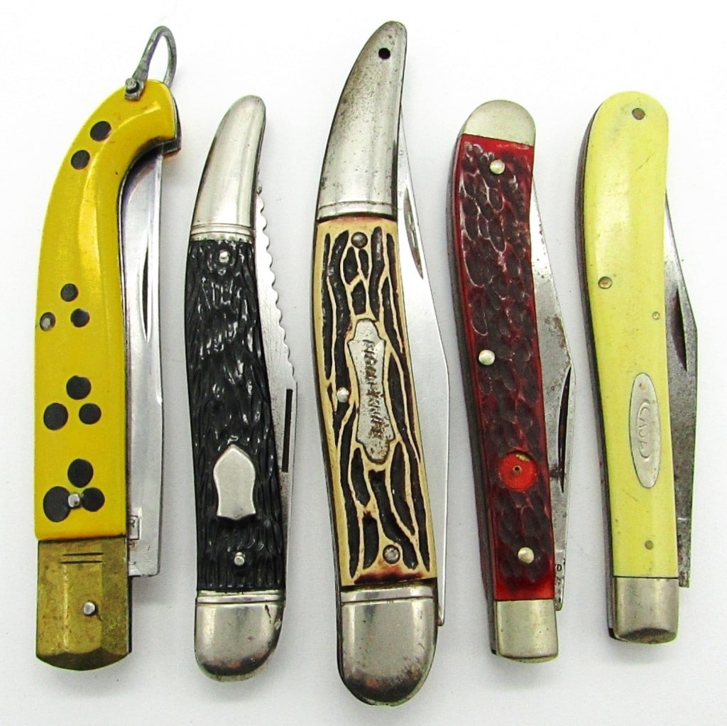 (5) Vintage Folding Pocket Knives: Cooper Inox; CaseXX 31048; Imperial Prov. USA; Sportsman's Trapper United Boker Solingen Germany; Fish-Knife Colonial Prov. USA; Used Conditions.