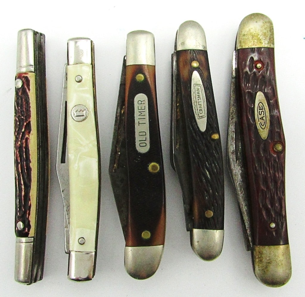 (5) Vintage Folding Pocket Knives: CaseXX 9-Dot 3208; Craftsman 3-Blade; Old Timer Schrade 12OT; Colonial Prov. RI; Imperial Ireland; Used Conditions.