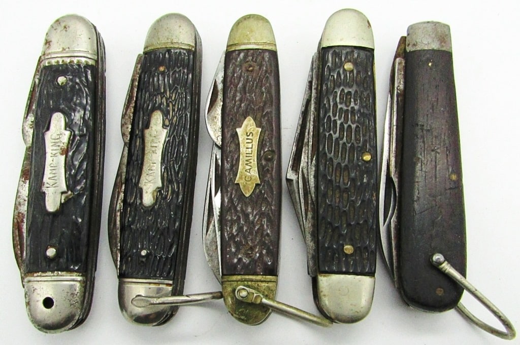 (5) Vintage Folding Pocket Knives: (2) Kamp King Multi-Tools; Camillus New York USA 99 Multi-Tool; 4-Blade Unmarked; 2-Blade Pal Blade Co. Made In USA; Used Conditions.