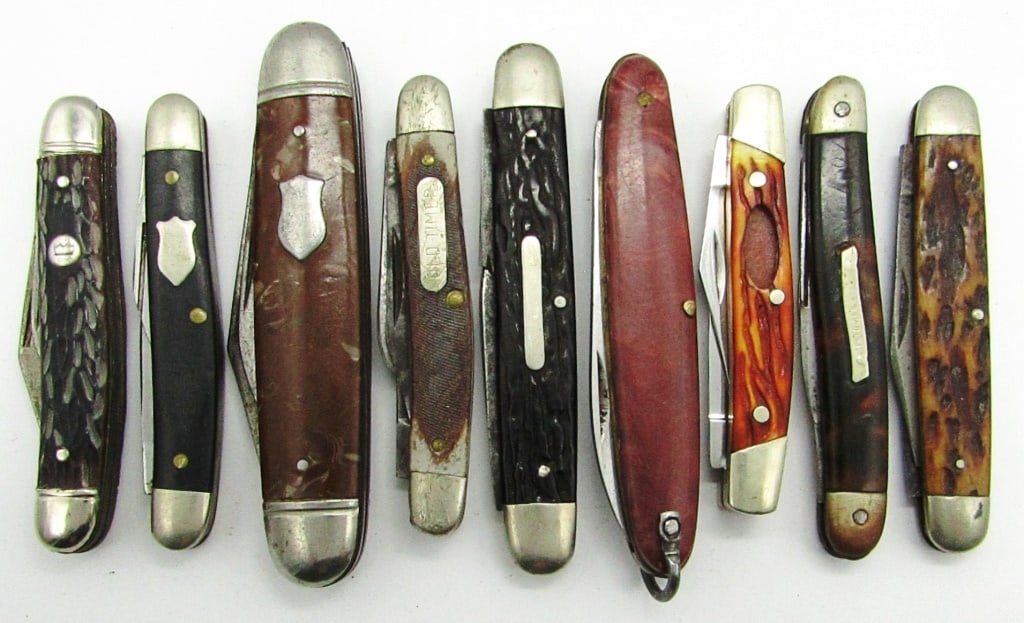 (9) Vintage Pocket Knives for Parts/Repair: 2-Blade USA; Single Blade Inox; 2-Blade L.F.&.C. USA (Broken Blade); 3-Blade Old Timer Schrade 108OT; 2-Blade Imperial Prov. Ri; 2-Blade Germany; 2-Blade Schrade USA 708; 2-Blade Stainless China; 2-Bl