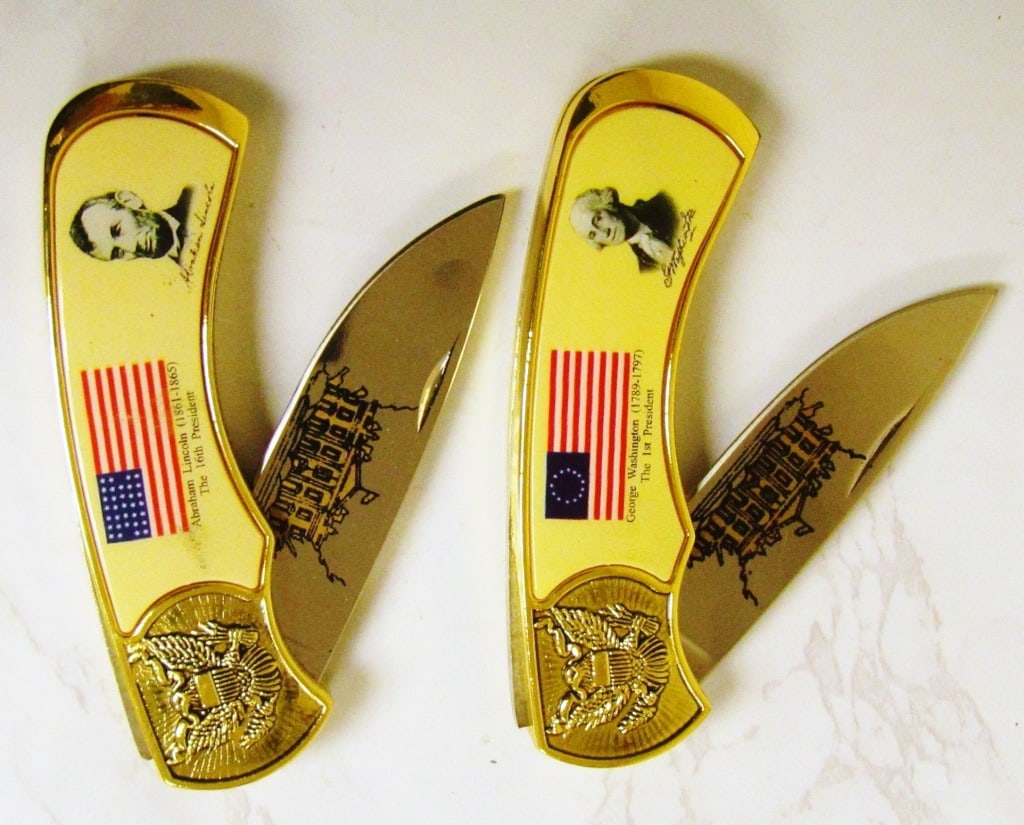 (2) Commemorative Presidential Knives in Boxes: George Washington & Abraham Lincoln; Both Single Blade Folding Pocket Knives; New In Box!