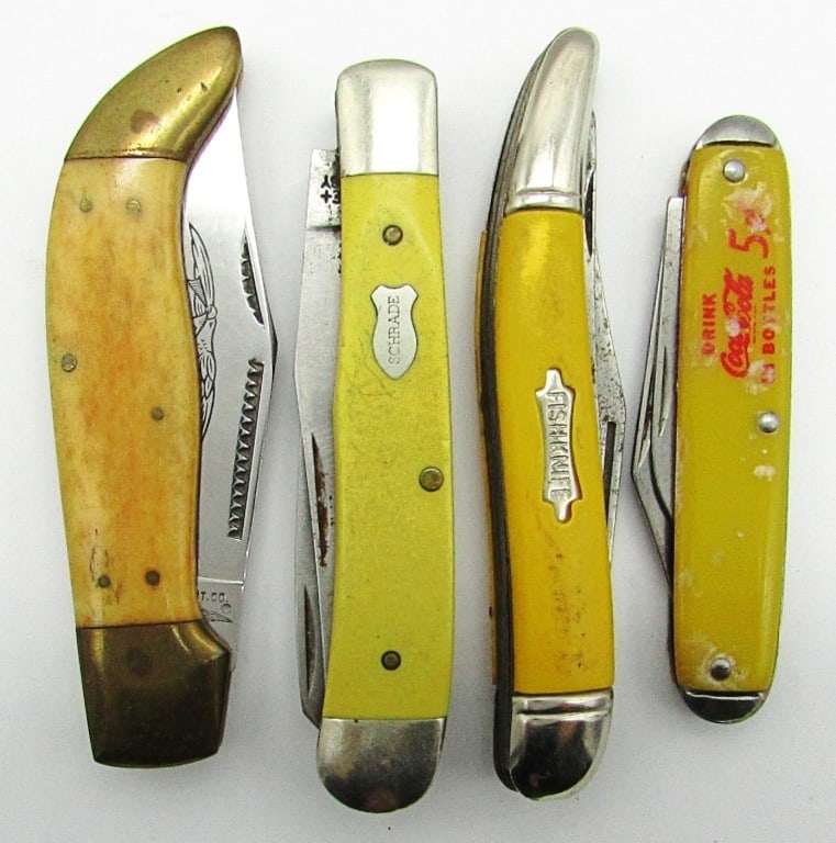 (4) Vintage Folding Pocket Knives: Parker Cut Co. Eagle Brand Cutlery; Schrade USA 296Y; FishKnife Imperial Ireland; USA Drink Coca-Cola in Bottles 5c; Used Conditions.