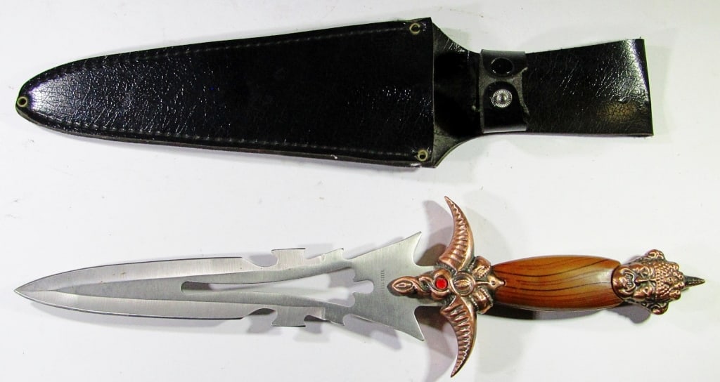 14.25" Dagger Sword With Angry Face Hilt: With Sheath; Used Condition.