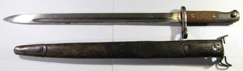 Spanish Mauser Knife Bayonet & Scabbard: Marked "7866"; 15.5" Blade Length, 20.5" Overall Length; Used Condition. (Scabbard has flaws, photographed.)