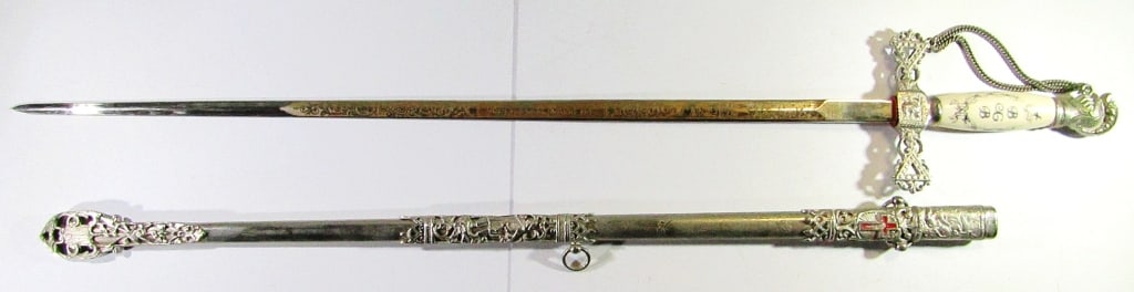 Freemason Masonic Templar Sword & Scabbard: Marked "Bertram Burnside" on Both Scabbard & Blade; Used Condition; 35.5" Overall Length. (Includes Cloth Cover and Holder)