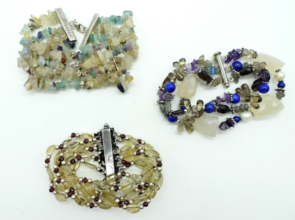 (3) NATURAL BEADED STERLING BRACLETS: 7 1/2IN LONG, LAYERED STYLE. STERLING BEADING AND STERLING SLIDE CLASP AND LOBSTER CLASP, 2 OUT OF 3 STAMPED 925