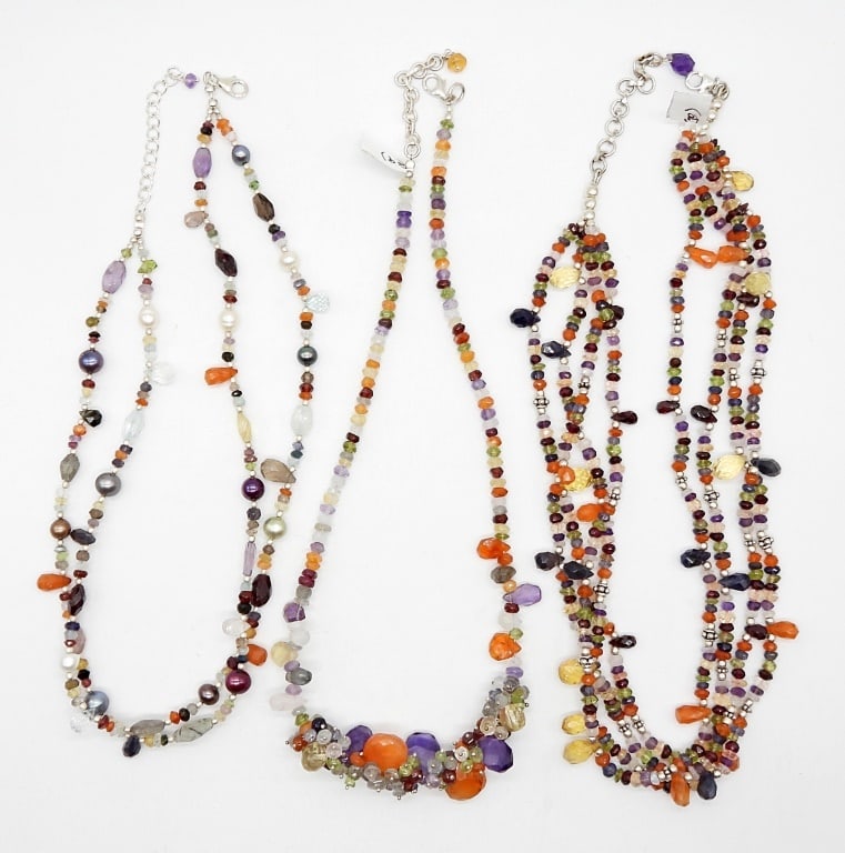 (3) BEADED STERLING CHOKERS - MARKED 925: 18"-19" STERLING CHOKERS WITH MULTI COLOR GEMS & BEADS - MARKED 925