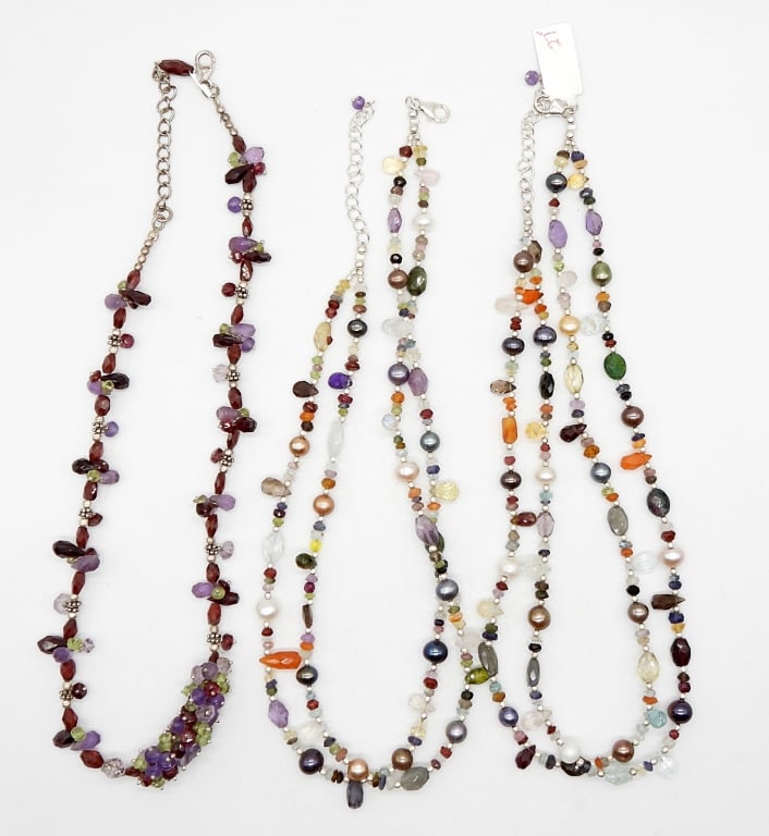 (3) 18" BEADED STERLING CHOKERS - 925: 18" LENGTH MULTI COLOR GEMS, PEARLS, STERLING BEADS & CLASPS - ALL MARKED 925